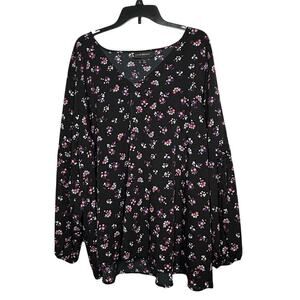 Lane Bryant Black Floral Core V Neckline Long Sleeve Top Blouse Size 28 Plus